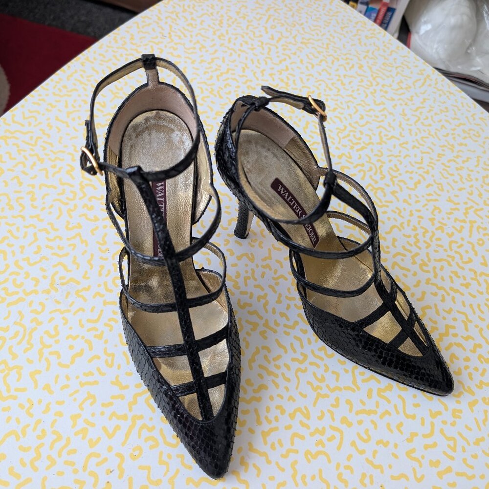 Walter Steiger Black Snake Cage Ankle Strap Pumps